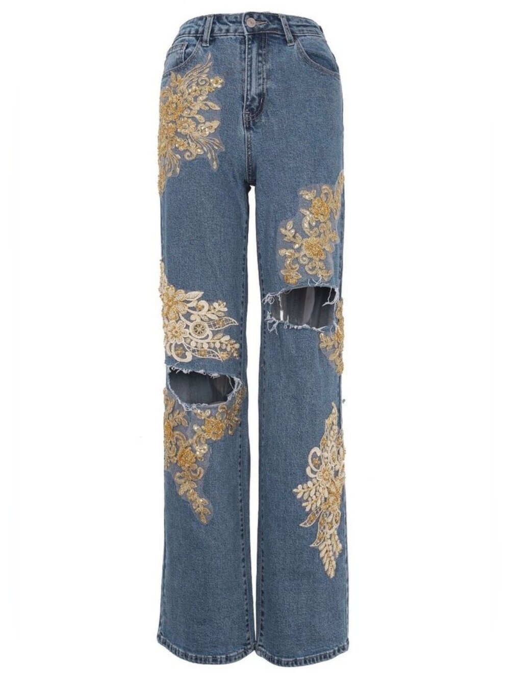 Embellished Light Blue High-Waist Wide-Leg Stretchy Jeans Size Small - Picture 3 of 13